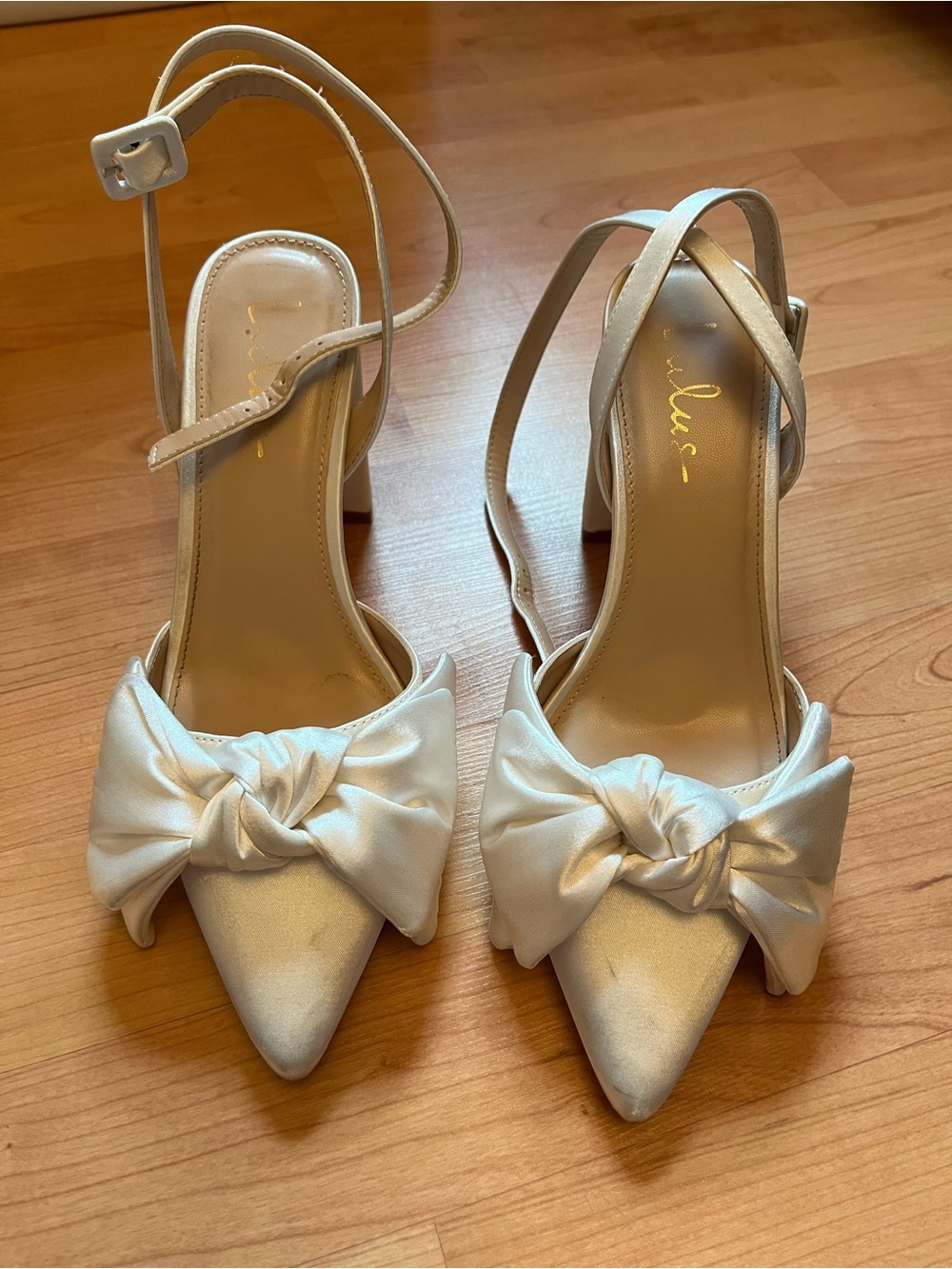 Lulu's Ivory Satin Knotted Pointed-Toe Ankle-Strap Heels - Picture 4 of 5